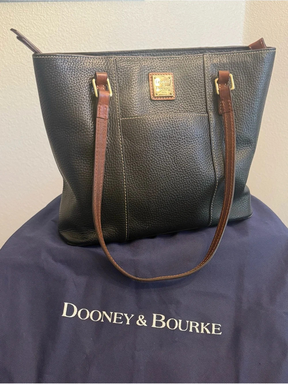 Dooney & Bourke Black Lexington Leather Tote with Brown Straps